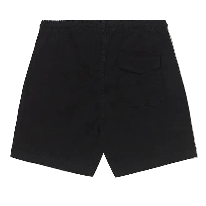 Shorts Spirituality preto de sarja 100% algodão, com cintura elástica e bolso traseiro.