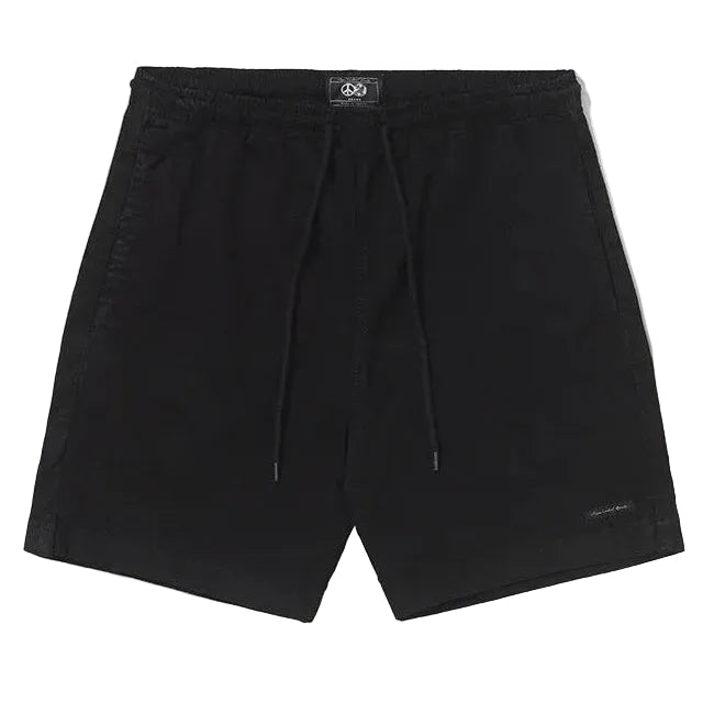 Shorts Spirituality Preto de sarja 100% algodão, com cintura elástica, cordão ajustável e bolsos laterais.
