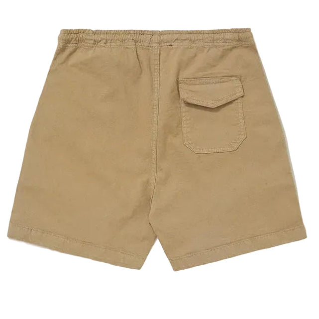 Shorts Spirituality Cáqui de sarja 100% algodão, com cintura elástica e bolso traseiro com lapela.