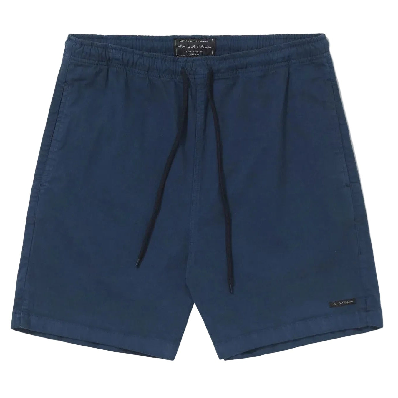 Shorts Spirituality Marinho de sarja azul escuro com cintura elástica, cordão ajustável e bolsos laterais.