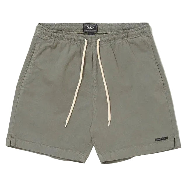 Shorts Spirituality Cinza de sarja 100% algodão, com cintura elástica, cordão ajustável bege e bolsos laterais.