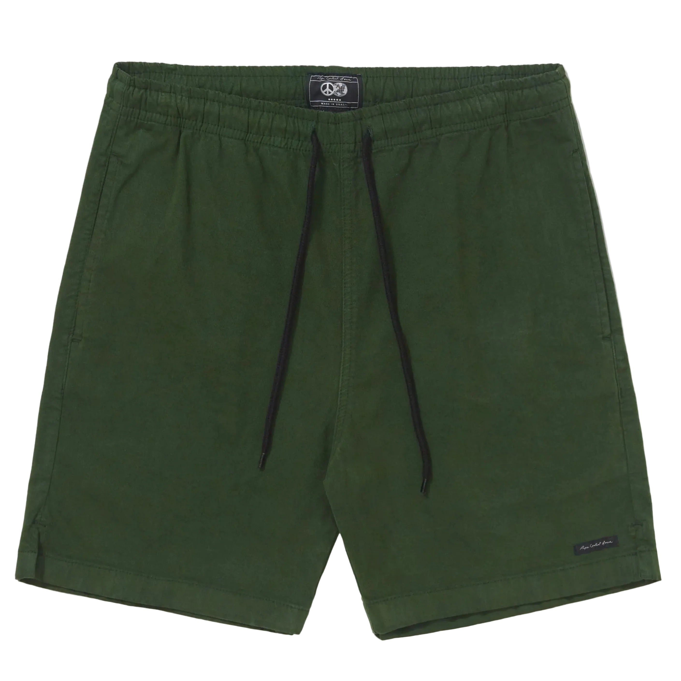 Shorts Spirituality Verde de sarja 100% algodão, com cintura elástica, cordão preto ajustável e bolsos laterais.
